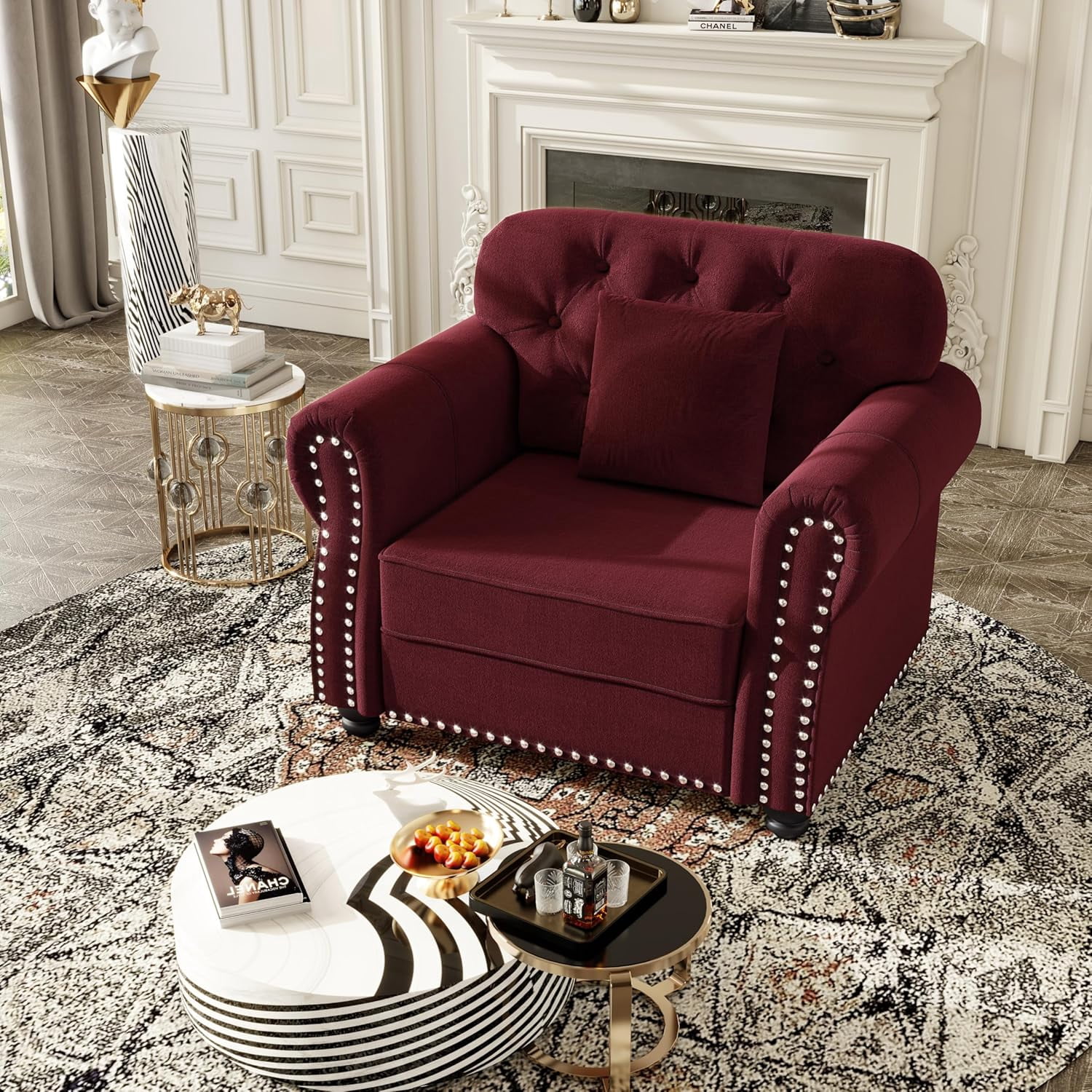 41.3'' Velvet Chesterfield Sofas, Modern Oversized Accent Chair, Single Sofa Reading Chair, Comfy Tufted Back Armchair with Pillow, Rolled Arms for Small Spaces, Living Room, Office, Wine Red