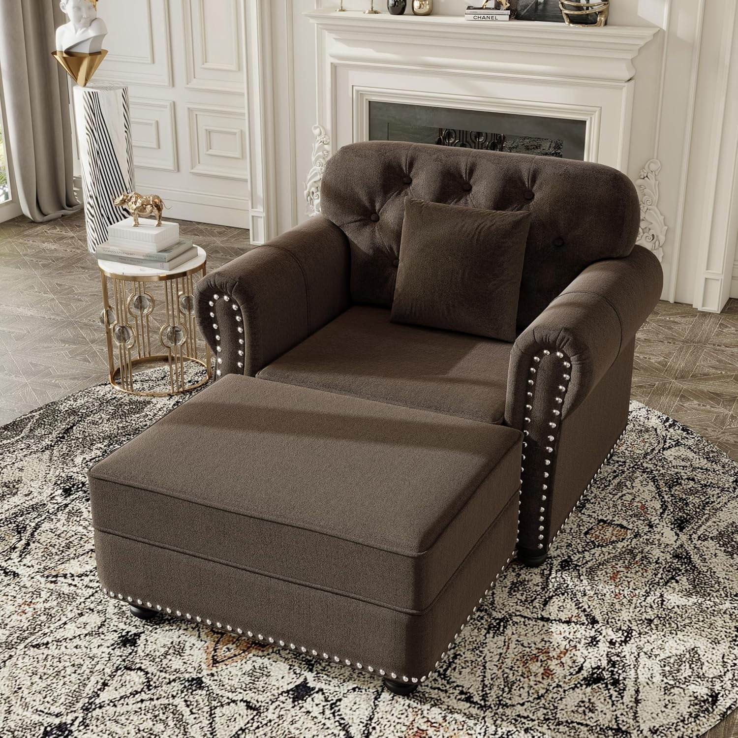 41.3'' Velvet Chesterfield Sofas, Oversized Accent Chair with Ottoman, Single Sofa Reading Armchair, Comfy Tufted Back Chaise Lounge with Pillow, Rolled Arms for Living Room, Office, Brown
