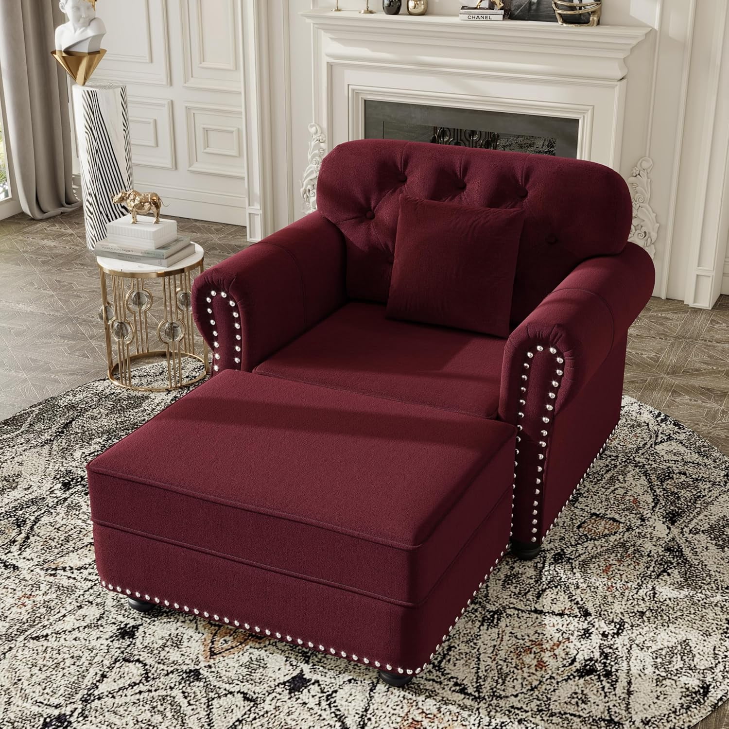 41.3'' Velvet Chesterfield Sofas, Oversized Accent Chair with Ottoman, Single Sofa Reading Armchair, Comfy Tufted Back Chaise Lounge with Pillow, Rolled Arms for Living Room, Office, Wine Red