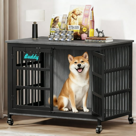 POAO 41"Dog Crate Furniture with Name Tag,Heavy Duty Dog Kennel Indoor for Medium Dogs,Double-Doors Sturdy Metal Dog Cage for Anxiety Dog,End Table