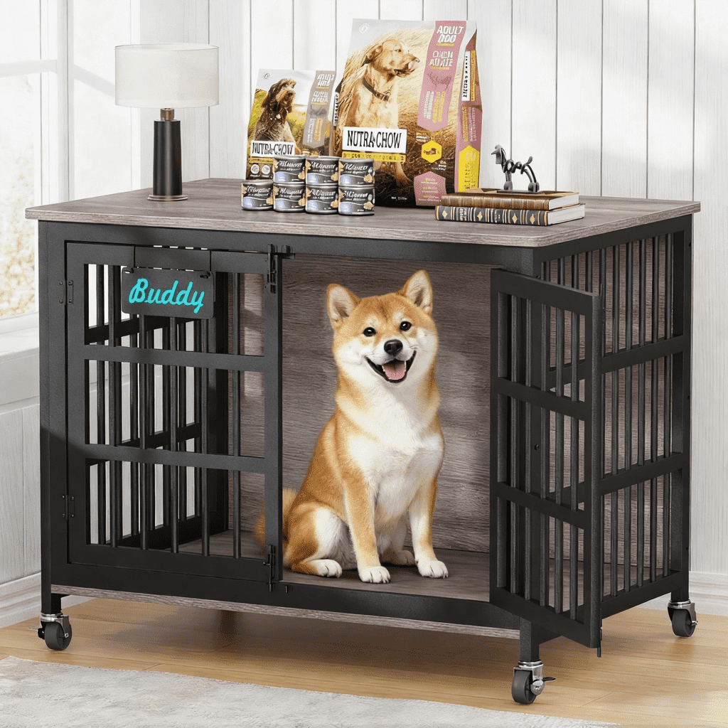 POAO 41"Dog Crate Furniture with Name Tag,Heavy Duty Dog Kennel Indoor for Medium Dogs,Double-Doors Sturdy Metal Dog Cage for Anxiety Dog,End Table