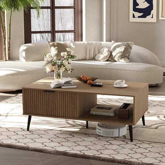 41.34'' 2-Tier Wood Coffee Table with Sliding Wave Door Storage, Modern Farmhouse Style Center Table for Living Room, Office, Bedroom, or Outdoor Use