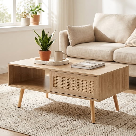41.34 Inch Modern Rattan Coffee Table, Natural Woven Texture Accent Center Table with Sliding Door Hidden Storage and Sturdy Solid Wood Legs, Multipurpose Cocktail Table for Living Room Home Decor