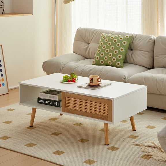 41.34" Rattan Coffee Table with Sliding Door, Solid Wood Legs, Smooth Rattan / Convenient, Versatile for Different Rooms