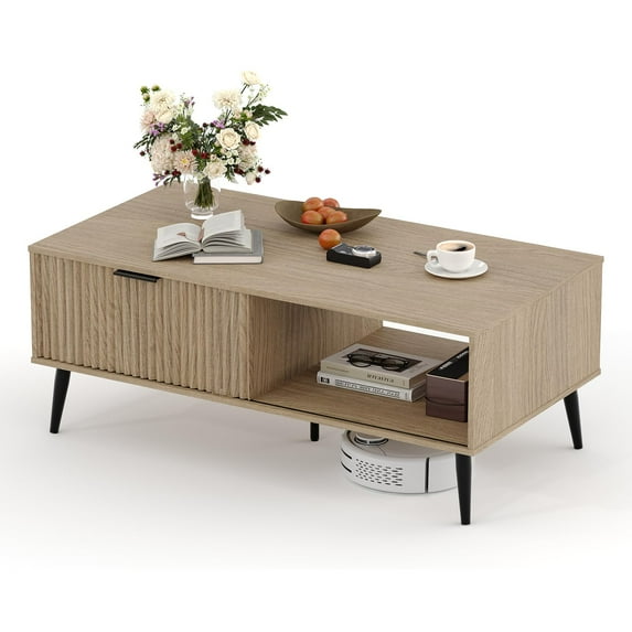 41.34'' Rectangle Coffee Table, 2-Tier Farmhouse Table with Storage and Sliding Wave Pattern Door, Modern Center Table For Living Room