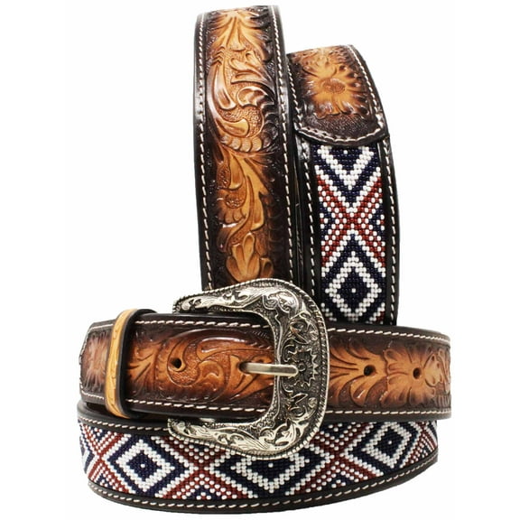 41-42  Men's 1-1/2" Wide Tan Leather Floral Tooled Casual Jean Belt 26FK38