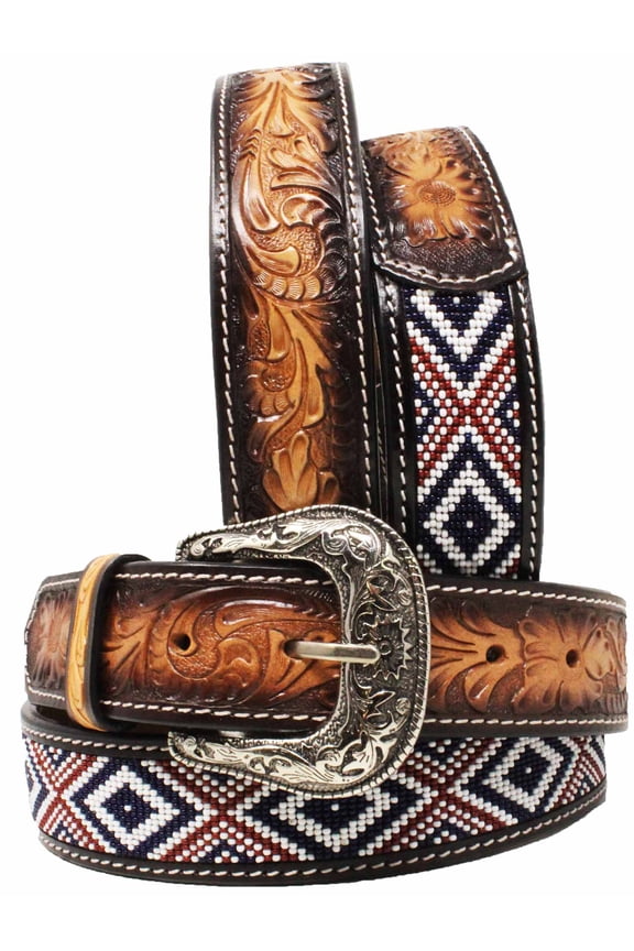 41-42  Men's 1-1/2" Wide Tan Leather Floral Tooled Casual Jean Belt 26FK38