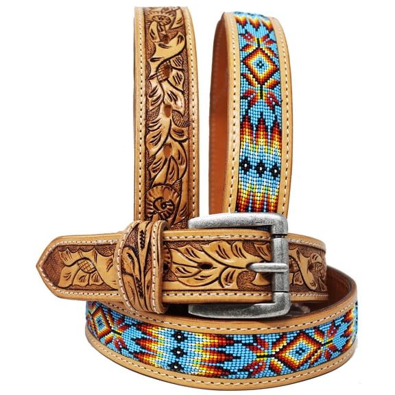 41-42  Unisex 1.5" Western Floral Tooled Beaded Full-Grain Leather Belt 26RT29