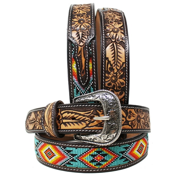 41-42  Unisex 1.5" Western Floral Tooled Beaded Full-Grain Leather Belt 26RT44B