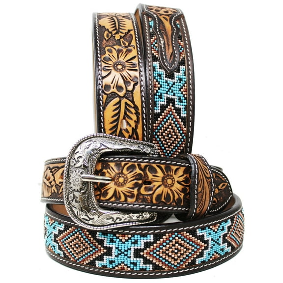 41-42  Unisex 1.5" Western Floral Tooled Beaded Full-Grain Leather Belt 26RT51B