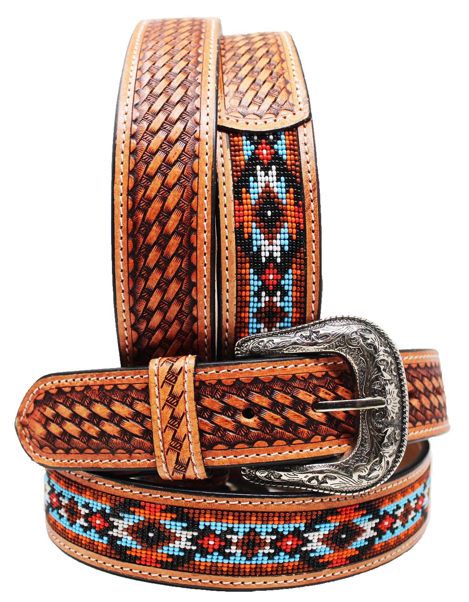 バッグ Ameri vintage / MANY WAY TOOLS BELT 41-42 Western Antique Basket Weave Tooled Beaded Full-Grain