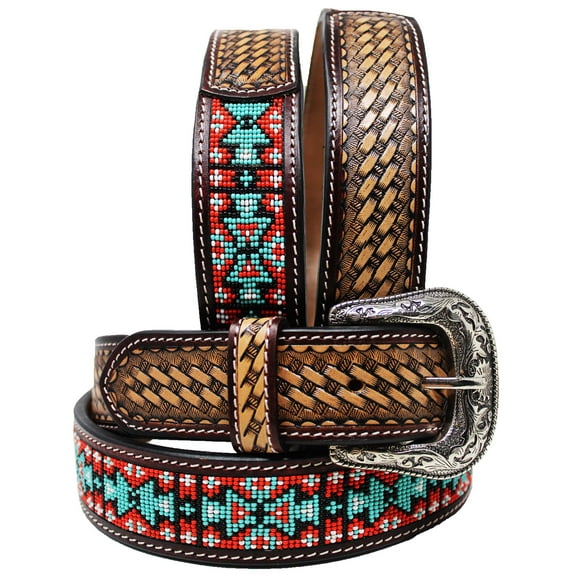 41-42  Western Antique Basket Weave Tooled Beaded Full-Grain Leather Belt 26FK54