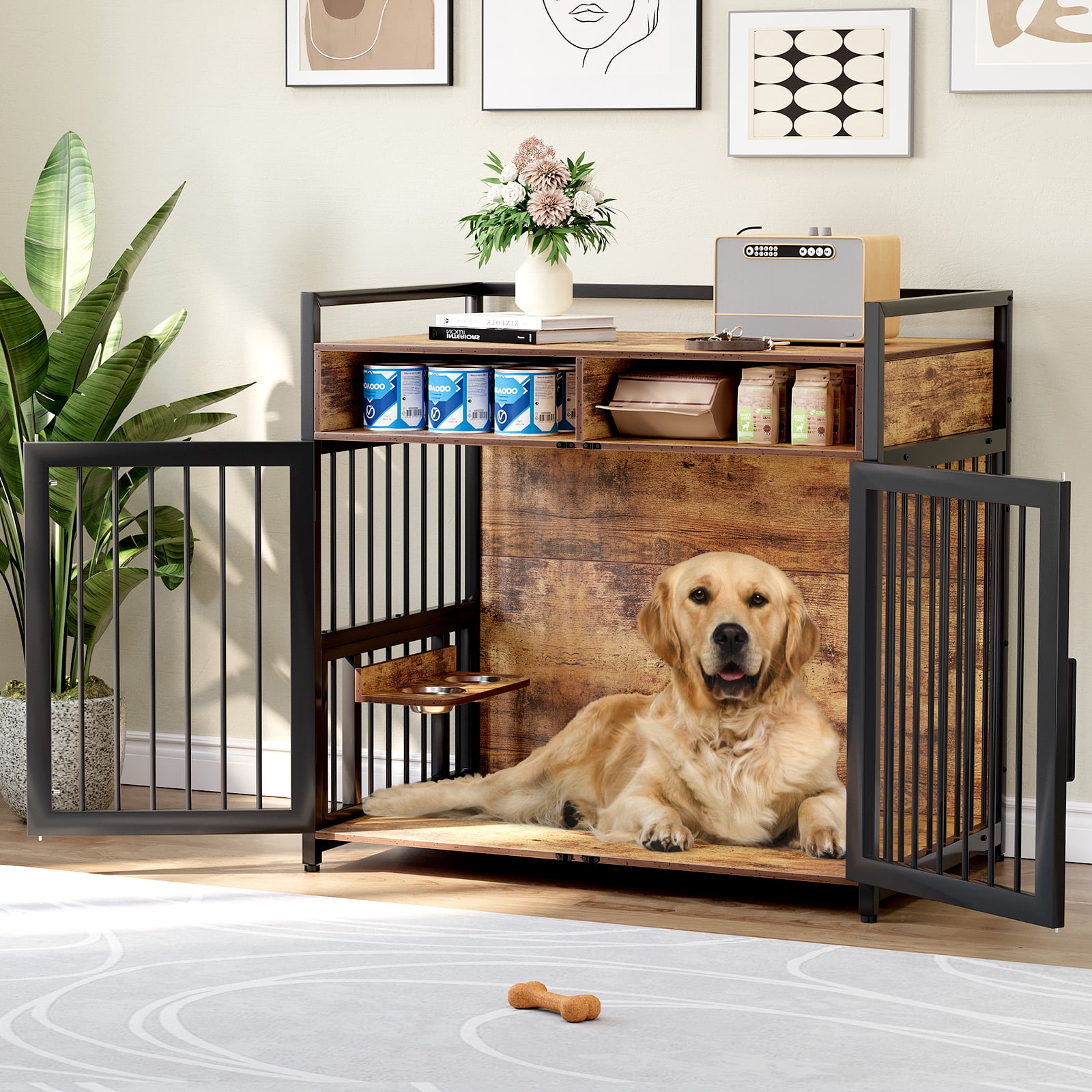 41/48 inch Large Dog Crate Furniture, Wooden Dog Kennel with 2 Drawers ...