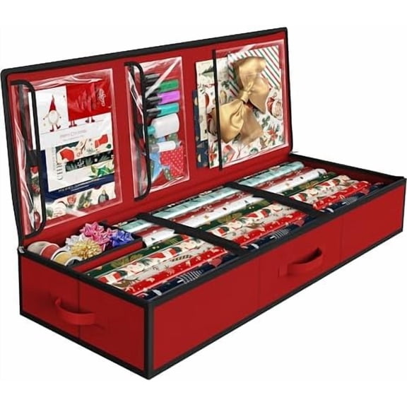 41.5" Wrapping Paper Storage Organizer - Fits 40 Rolls with Adjustable Straps, Interior Divider for Ribbons & Bows, 3 Clear Pockets for Gift Bags & Tools, 41.5''L x 16''W, Red