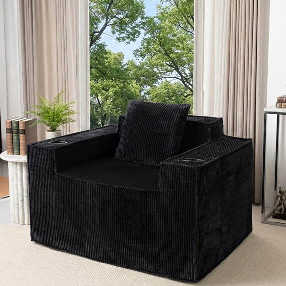 41.5" Boneless Chair, Black Corduroy Cloud Single Sofa with Cup Holders and Storage Pockets, Chaise Lounge Chair for Living Room, No Assembly Required