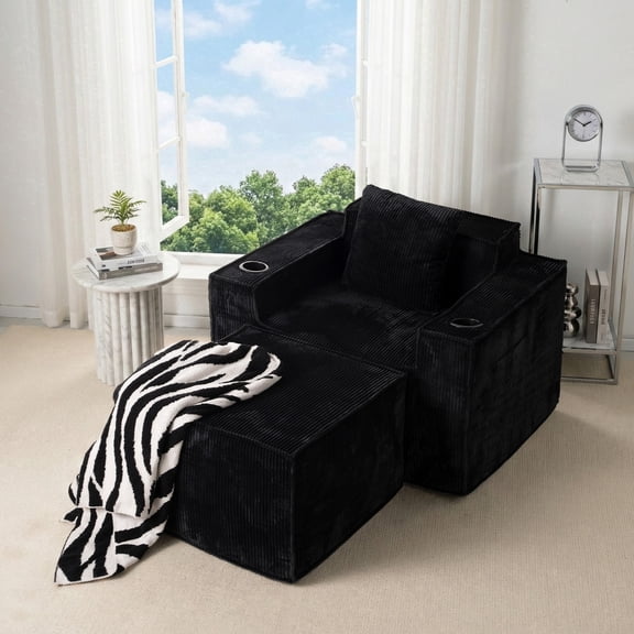 41.5" Boneless Chair, Cloud Lounge Chair with Foldable Ottoman, Cup Holders and Storage Pockets, No Assembly Required, Black