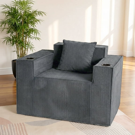 41.5"Boneless Chair, Gray Single sofa, Corduroy Cloud Sofa for Living Room, 2 Cup Holders, 2 Storage Pockets, No Assembly Required