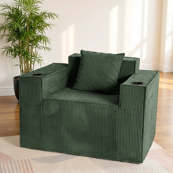 41.5"Boneless Chair, Green Single sofa, Corduroy Cloud Sofa for Living Room, 2 Cup Holders, 2 Storage Pockets, No Assembly Required