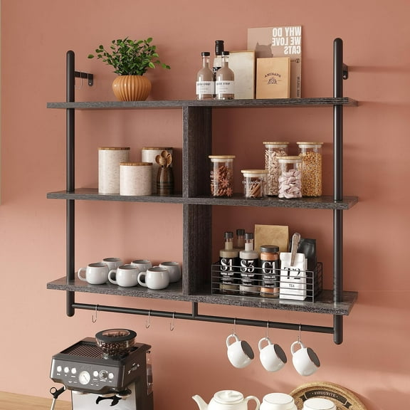 41.5" Floating Shelves for Wall 3 Tier Kitchen Shelves Wall Mounted Coffee Bar Shelf Hanging Shelf with 8 Hooks, Industrial Display Pipe Shelving for Kitchen Living Room Bathroom