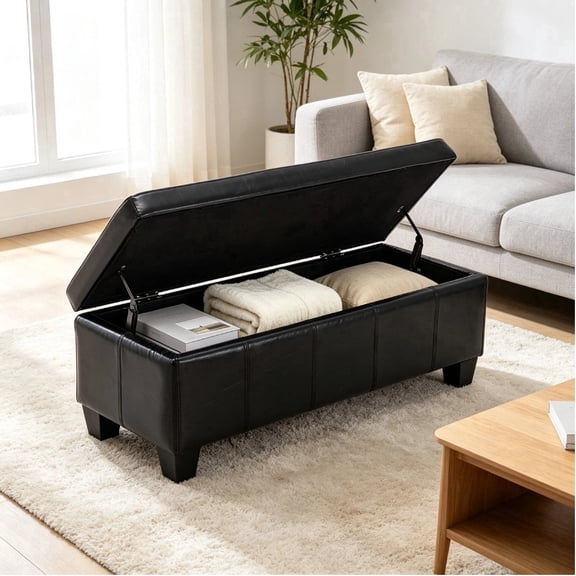 41.5 Inch Black Faux Leather Storage Ottoman Bench,Lift Top Upholstered Storage Chest with Solid Wood Legs for Entryway Bedroom Living Room