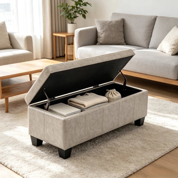 41.5 Inch Light Gray Faux Leather Storage Ottoman Bench,Lift Top Upholstered Storage Chest with Solid Wood Legs for Entryway Bedroom Living Room