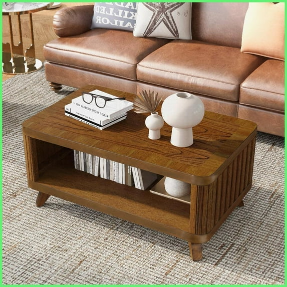 41.5-Inch Walnut Wood-Look Coffee Table for Living Room - Solid Pine Legs, Storage Shelf & Easy Assembly