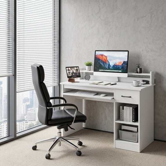 41.5" Modern Computer Desk with Drawer and Keyboard Tray, PC Laptop Table Study Writing Workstation for Home Office,White