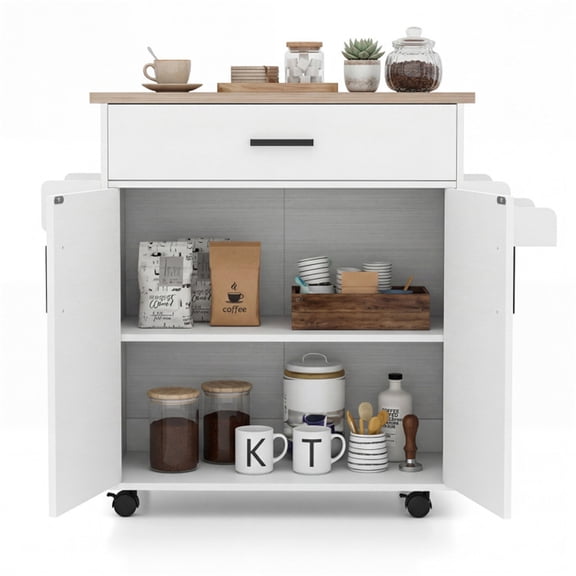 41.5" Rolling Kitchen Island Cart with Storage, Drawer, Cabinet, Spice Rack, Towel Holder, White