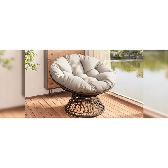 41.5" Wicker Chair with Semi-Attached Pillow | Reading in Lounge with 360° Spin | Sturdy Faux Rattan & Iron Frame | Reduces Back Fatigue
