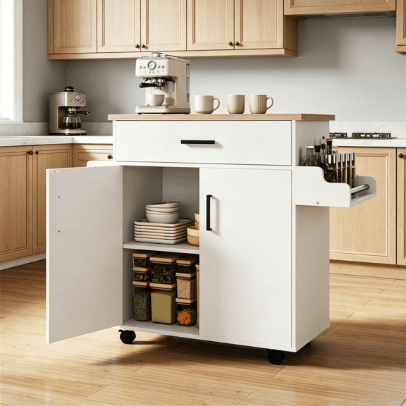 41.5In Rolling Kitchen Island Cart White Storage Drawer Cabinet Spice Rack Towel Holder Engineered Wood MDF Metal 220 LBS Capacity Lockable Wheels 360 Swivel Dining Room Breakfast Bar Beverage Indoor