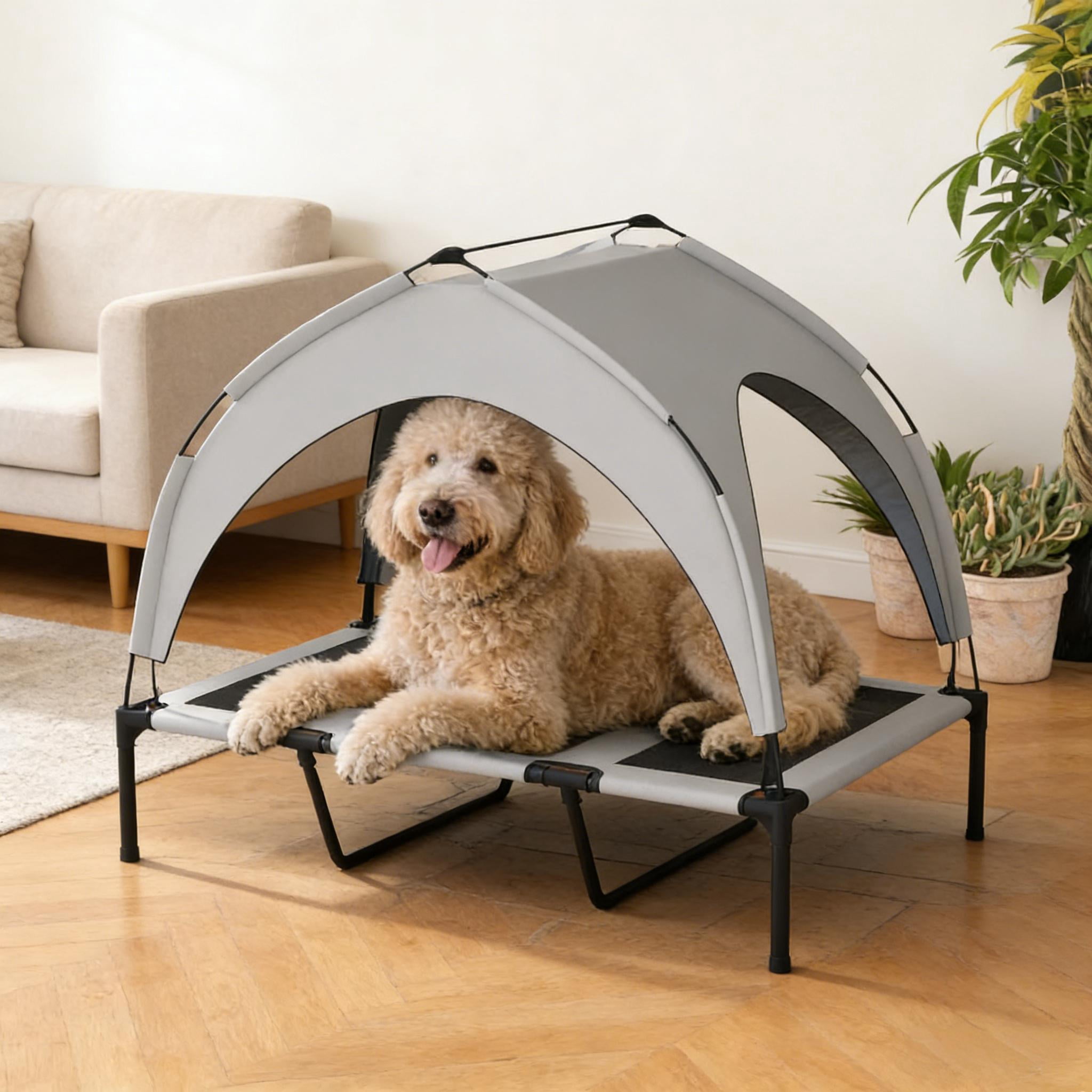 41.7" Elevated Dog Bed with Canopy, 7.1" Raised Breathable Mesh Pet Cot, Water UV Resistant Outdoor Dog Bed with Travel Bag, Steel Frame Foldable Pet Bed for Dogs Up to 66 lbs