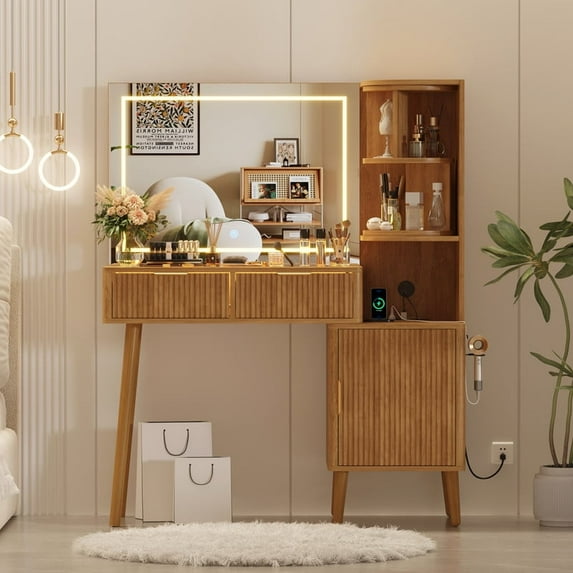 41.7" Fluted Makeup Vanity Desk with Large 30" Mirror and Rotating Cabinet, Modern Glass Top Big Vanity Table with 4 Drawers & Lights, Dressing Table Set w/Charging Station for Bedroom