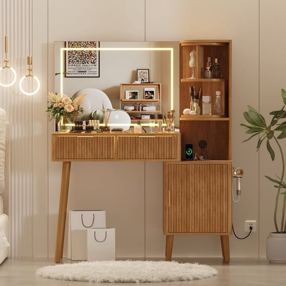 41.7" Fluted Makeup Vanity Desk with Large 30" Mirror and Rotating Cabinet, Modern Glass Top Big Vanity Table with 4 Drawers & Lights, Dressing Table Set w/Charging Station for Bedroom