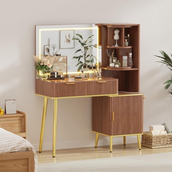 41.7" Fluted Rotating Makeup Vanity Table with Glass Top, 4 Drawers, LED Mirror with 3 Light Modes & USB Charging Station, Makeup Desk for Bedroom (Natural
