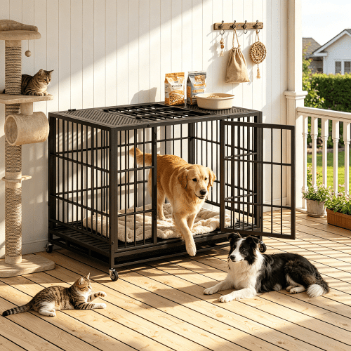 41.7" Heavy Duty Mobile Dog Crate with Lockable Wheels & Rotary Twist-Latch, Indoor/Outdoor Metal Pet Kennel with Perforated Top
