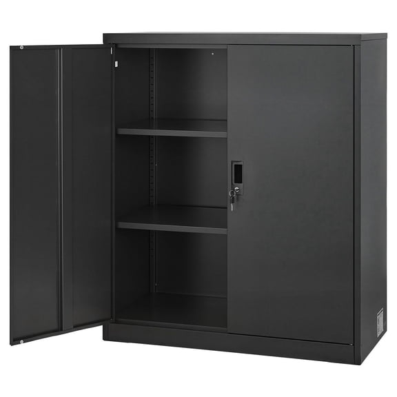 41.7 Inch Steel Garage Locker with 2 Adjustable Shelves 2 Magnetic Doors and 2 Keys 3 Tier Lockable Tool Storage for Pantry Warehouse Basement Office Black