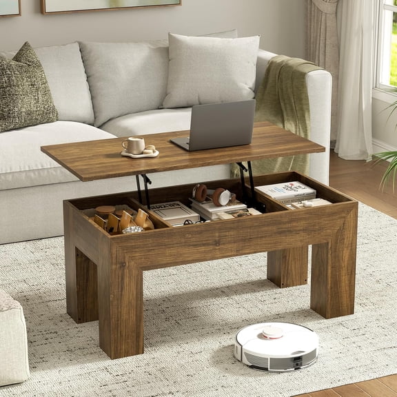 41.7-Inch Wooden Lift Top Coffee Table with Hidden Storage, Brown Adjustable Height Center Table for Living Room or Office