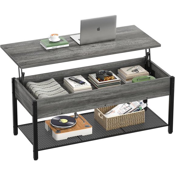 41.7" Lift Top Coffee Table for Living Room, Wood Center Table with Hidden Compartment and Storage Shelf, Modern Rising Tabletop Desk for Small Space, Black Oak