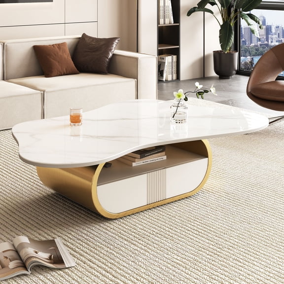 41.7" Modern Butterfly Coffee Table with Storage Drawer, Sintered Stone Top Oval Center Table with Gold Stainless Steel Base & MDF Cabinet,Large Unique Coffee Tables for Living Room
