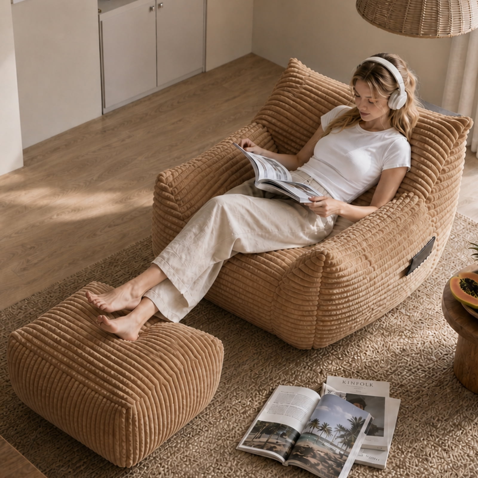 41.7" Oversized Bean Bag Chair with Ottoman, Living Room Lazy Sofa for Bedroom & Dorm