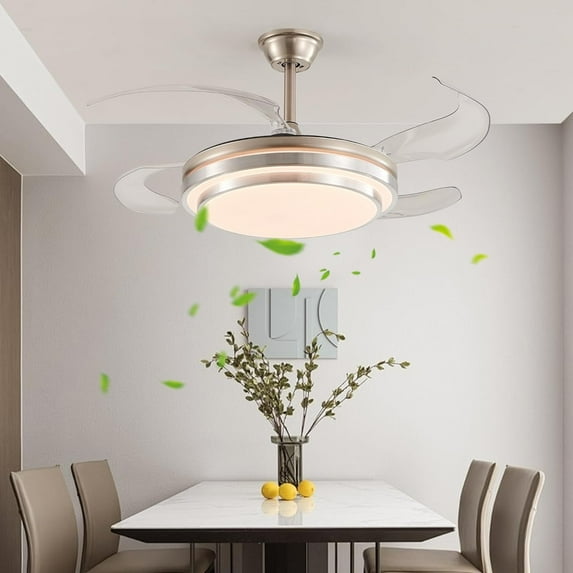 41.7'' Retractable Ceiling Fan with Lights, Modern Ceiling Fan with Remote, Black Fan Light with 6 Wind Speed and Invisible Blades for Kitchen, Dining Room (Pink-1, 41.7'' * 17.7'')