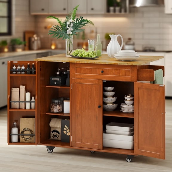 41.7" Rolling Kitchen Island Cart, Expandable Rolling Kitchen Cart with Storage & Folding Breakfast Bar - Brown