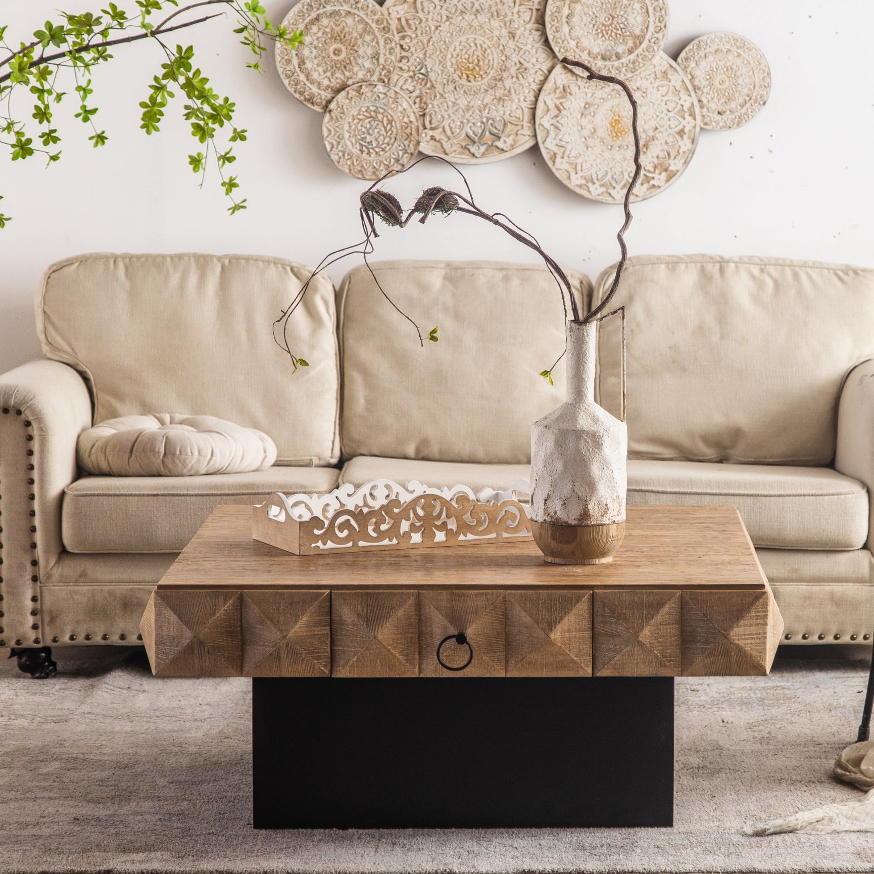 Retro Style Large Square Coffee Table with Storage, 41.73
