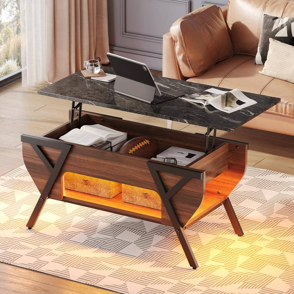 41.73 in. Walnut Lift-Top Coffee Table side table with Geometric Frame ...