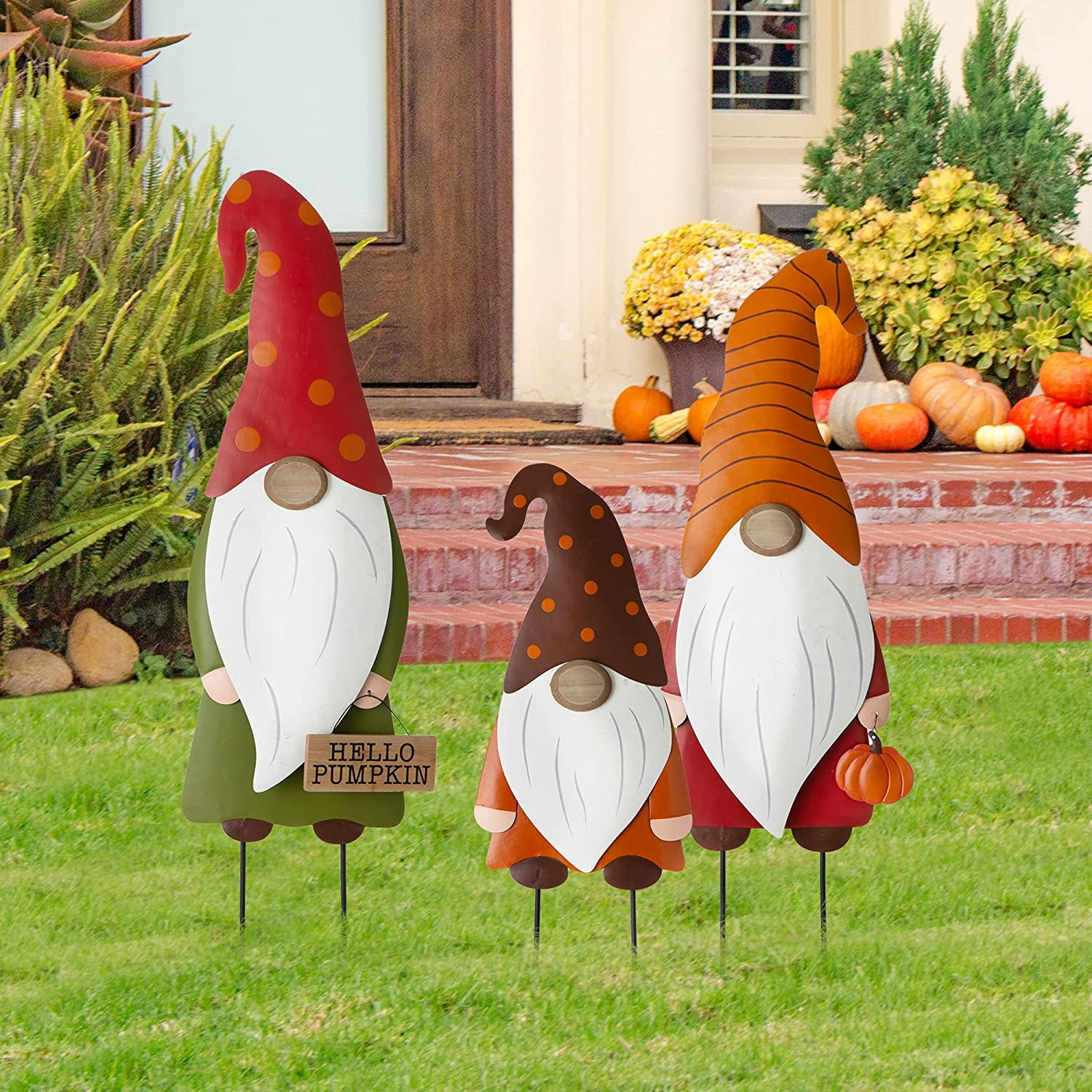 Colorful Iron Gnome Family Fall Garden Stakes