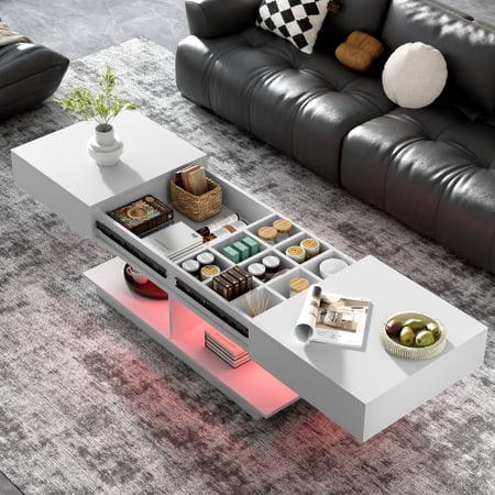 41-77" Extendable LED Coffee Table, Storage with Bluetooth Lighting & Hidden Compartments for Living Room, High-Gloss Adjustable Center Table, White