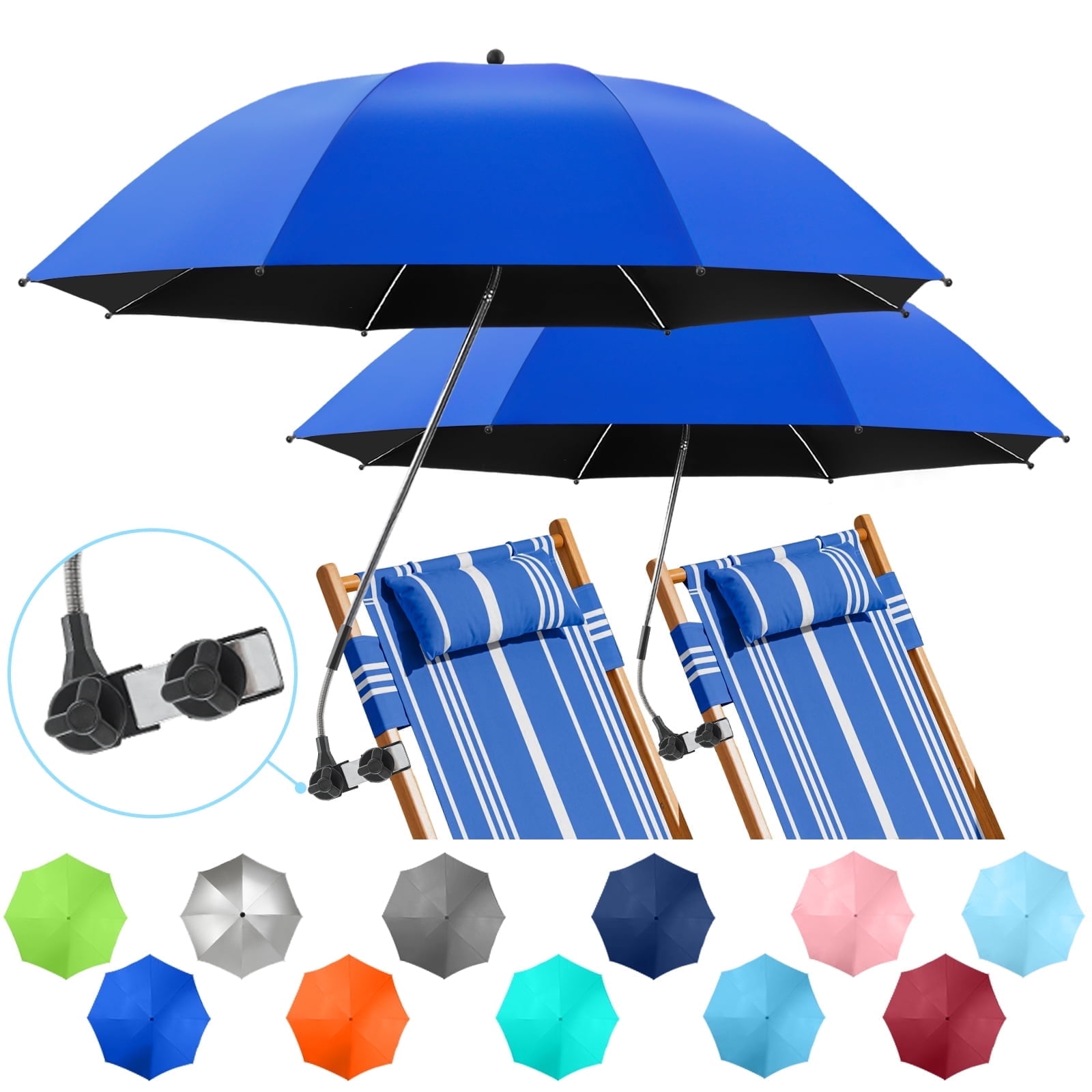 42" 2 Pack Beach Chair with Umbrella,99.99% UV Protection Chair Umbrella, UPF50+ 360° Adjustable Beach Chair Umbrella with Clamp(Azure Blue, Not Include Chair)
