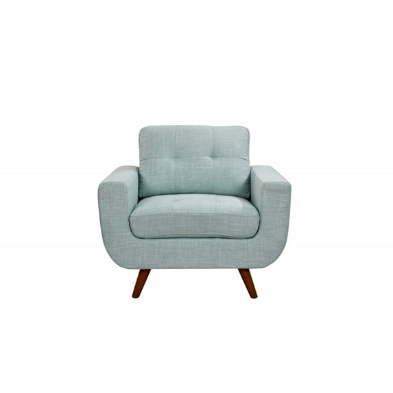 41" Accent Chair, Modern Linen Fabric Armchair with Tufted Backrest and Solid Wood Legs, Upholstered Comfy Leisure Chair Club Chair with Thicken Armrest for Living Room, Light Blue