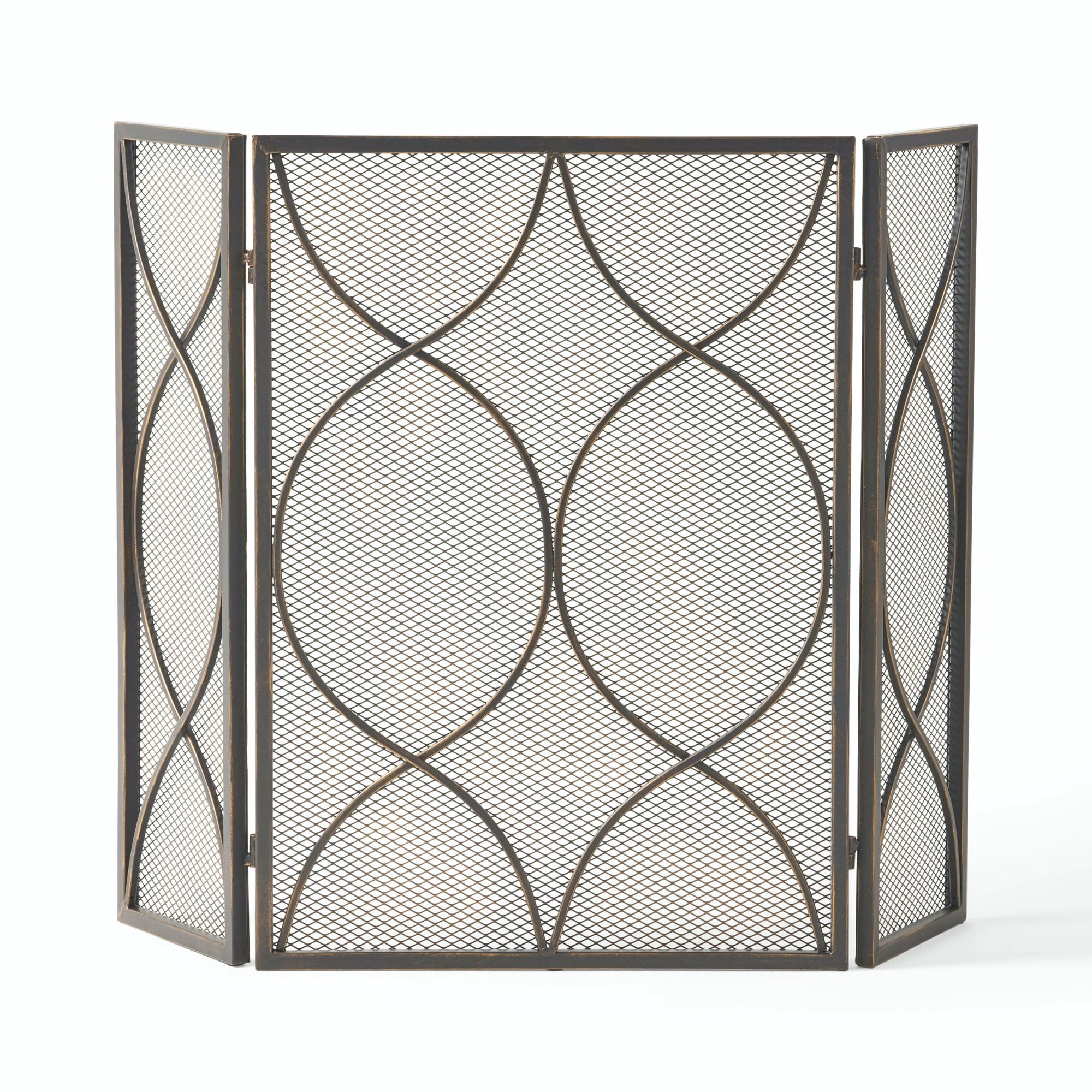 41" Black Contemporary Curved Geometric Accent Three Panel Fireplace Screen