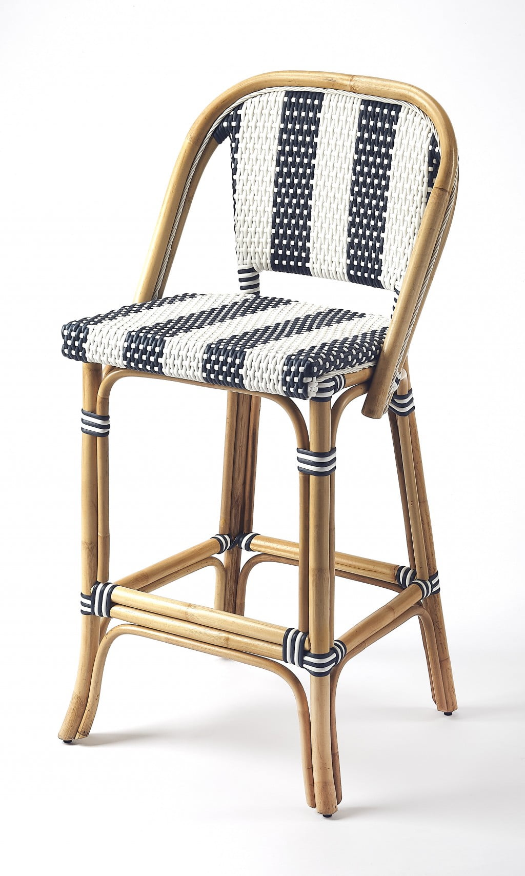 Coastal Charm Blue & White Stripe Rattan Bar Stool with Arms